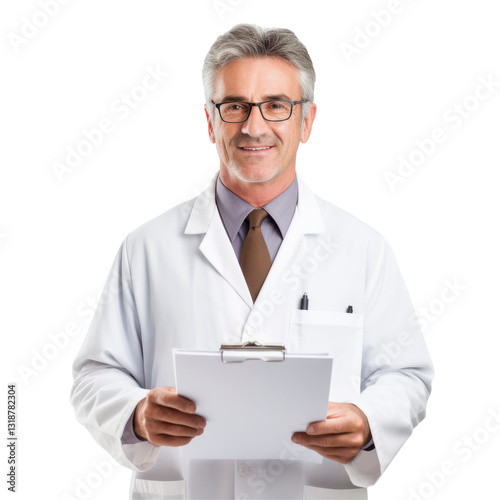 A man wearing a white lab coat and glasses holding a clipboard isolated on transparent background