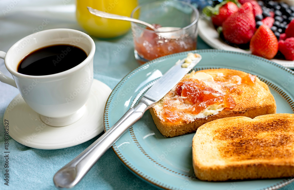 A delicious outdoor breakfast with coffee, toast with jam, fresh berries, and orange juice on a beautifully set table. A cozy morning with a peaceful atmosphere A delicious outdoor breakfast with coffee, toast with jam, fresh berries, and orange juice on a beautifully set table. A cozy morning with a peaceful atmosphere