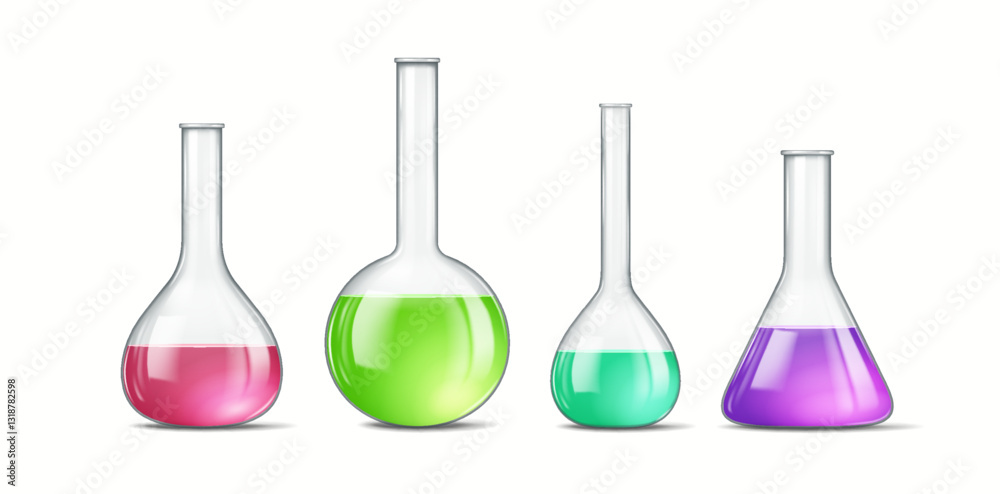 Set of transparent glass laboratory flasks filled with colorful liquids in red, green, turquoise, and purple, isolated on white background. Design for science projects. Set of transparent glass laboratory flasks filled with colorful liquids in red, green, turquoise, and purple, isolated on white background. Design for science projects.
