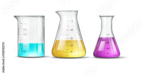 Three laboratory flasks filled with colorful liquids on white background. Displayed liquids include blue in cylindrical beaker, yellow in conical flask, and violet in Erlenmeyer flask.