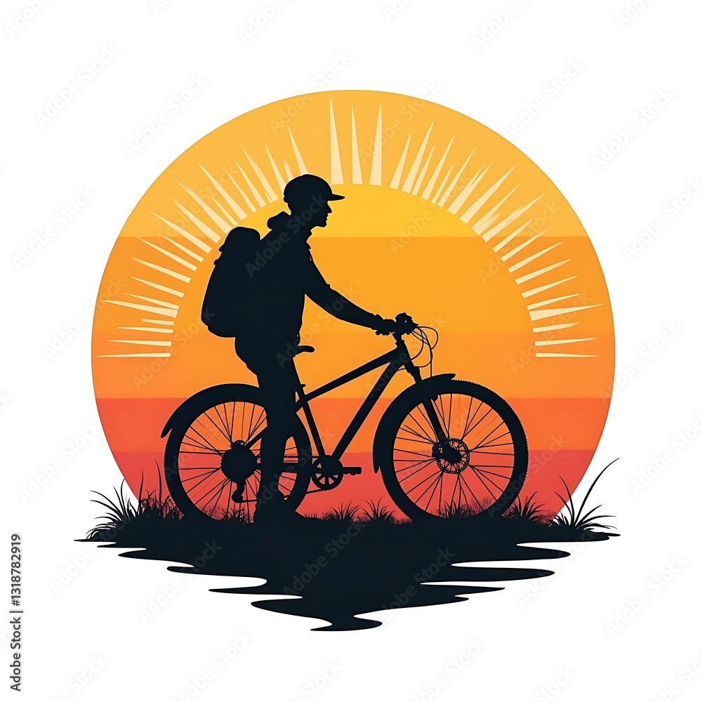Fototapeta premium Silhouette of a person hiking with a bike