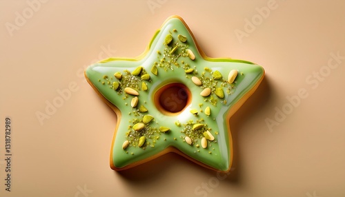 Star Shaped Pistachio Donut with Glaze Toping on Cream Background Isolated
