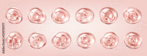 Microscopic view of collagen molecules realistic color icons set. Serum bubbles for skincare cosmetics 3d objects bundle on pink background
