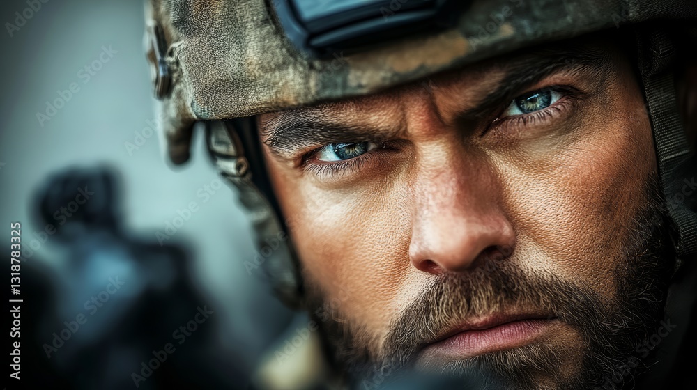 Man with a military helmet on his head and a gun in his hand. He has a serious look on his face Man with a military helmet on his head and a gun in his hand. He has a serious look on his face