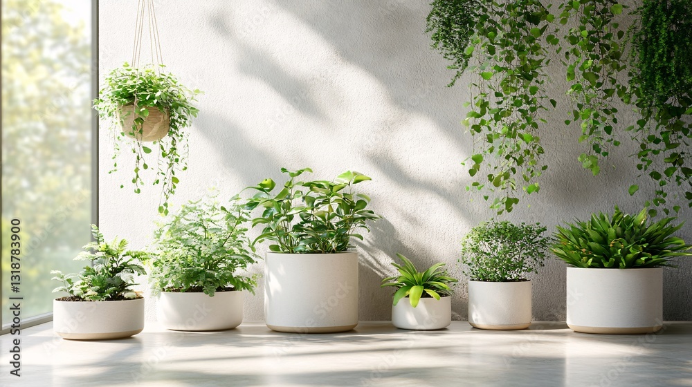 Fototapeta premium Several potted plants arranged near a window under natural sunlight