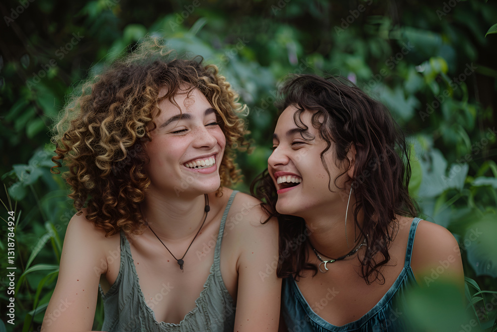 Friends sharing a joyful moment amidst lush greenery, friendship day Friends sharing a joyful moment amidst lush greenery, friendship day