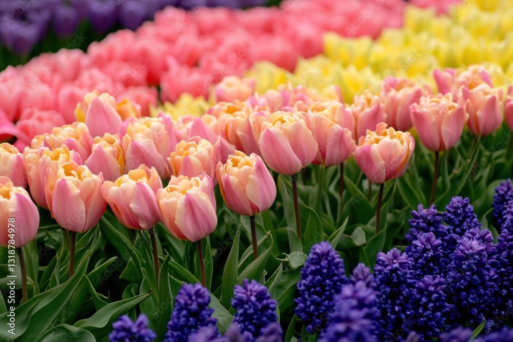 Colorful tulips bloom in vibrant rows, peach, pink, yellow, purple hues