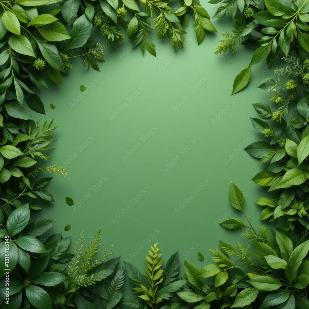 Fototapeta premium Green leaves frame, creating serene and verdant border around calming, solid green center, nature tranquility