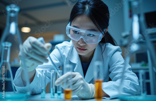 Asian scientist works with chemical in lab