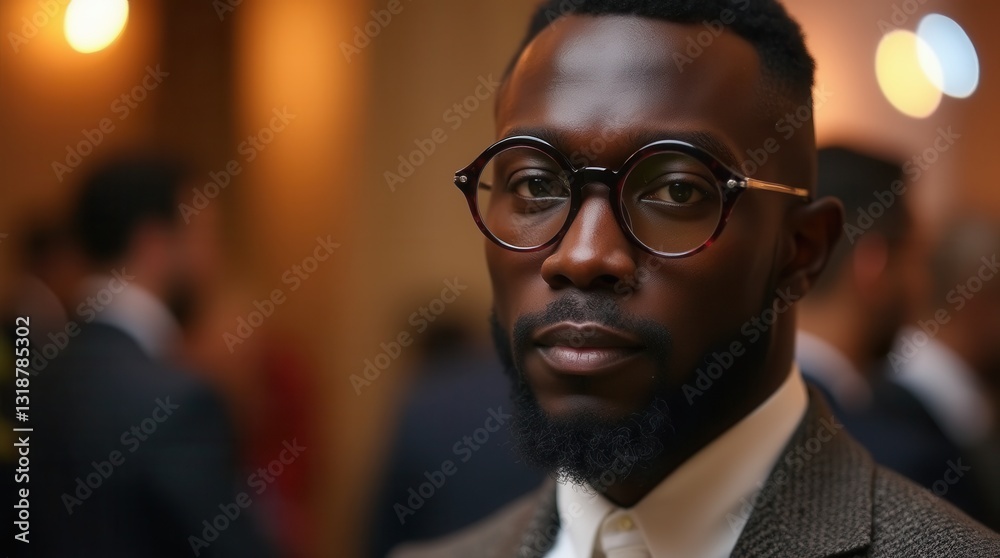 Fototapeta premium Thoughtful Black man wearing glasses at formal indoor event