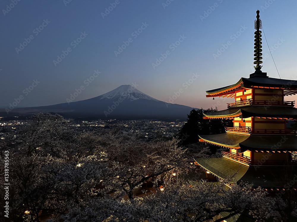Nighttime at Chureito Pagoda with Mount Fuji
