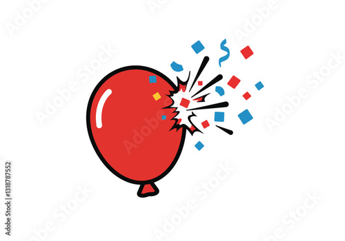 Popping balloon clipart. A red balloon is bursting with colorful confetti and dynamic black lines indicating the explosion. Vector illustration design.