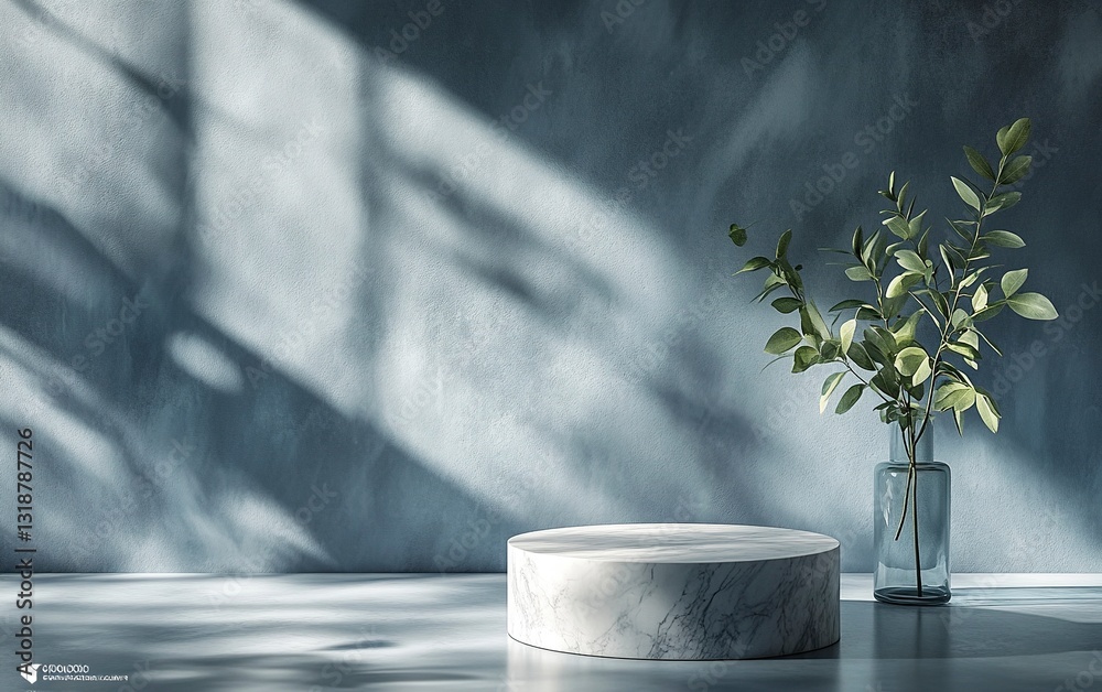 Minimal abstract background for product presentation, in gray and blue colors with two marble pedestals and a green plant in a vase on the right side, geometric shapes, soft shadows, high-resolution p Minimal abstract background for product presentation, in gray and blue colors with two marble pedestals and a green plant in a vase on the right side, geometric shapes, soft shadows, high-resolution p