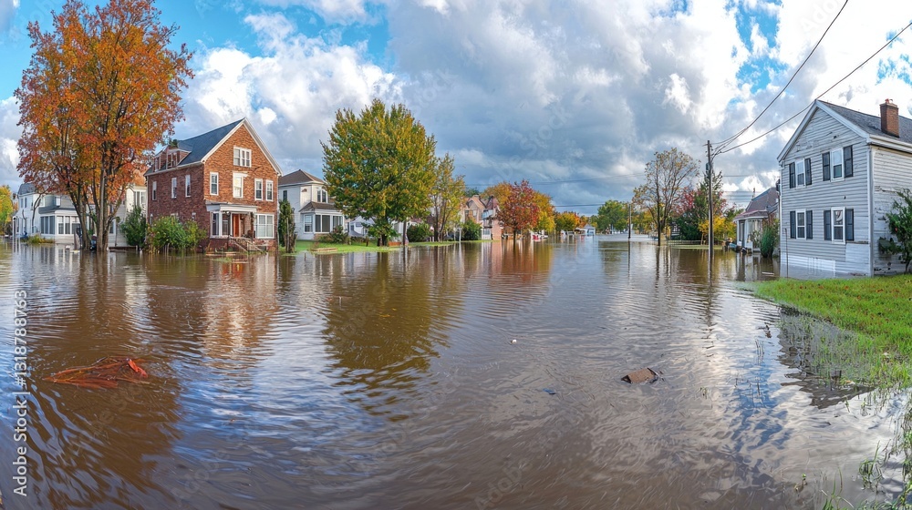 Fototapeta premium Flooded street; houses surrounded by water, trees in fall foliage, overcast sky above