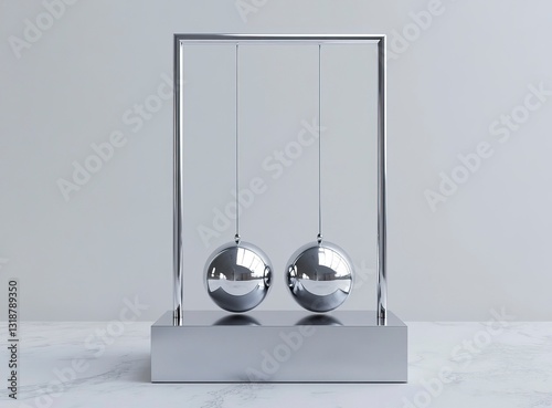Minimalist silver Newton's cradle on a grey background, 3D rendering. Background with copy space for your text or design. Stock photo with 2/3 space for text. 