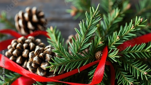 Pinecones and sprigs of rosemary wrapped in red ribbon, sprig, evergreen