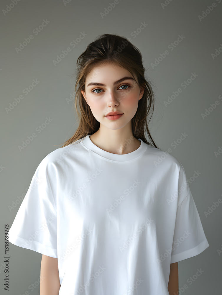 A young woman stands with a neutral expression, wearing a simple white t-shirt against a gray backdrop A young woman stands with a neutral expression, wearing a simple white t-shirt against a gray backdrop