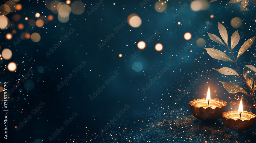 Fototapeta premium A horizontal luxurious deep blue background with golden floral patterns, scattered glowing diyas, and shimmering mandala elements, mystical atmosphere.