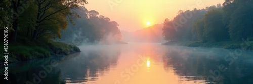 Misty dawn over a serene river landscape with silvery waters flowing gently through the trees, water, scenery, nature