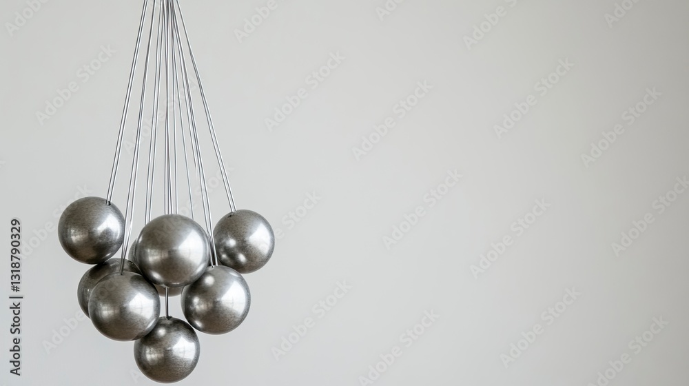 Newton's Cradle with silver spheres on a white background. Grey metal balls and steel wire hanging, fastened to the top ball. Stock photo, with copy space for text on the right side. Newton's Cradle with silver spheres on a white background. Grey metal balls and steel wire hanging, fastened to the top ball. Stock photo, with copy space for text on the right side.