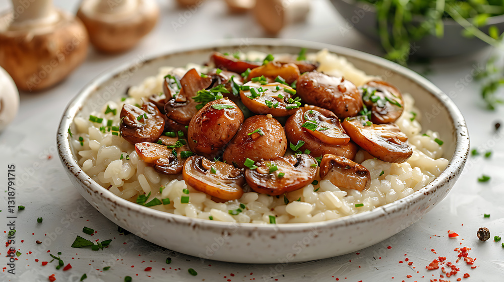 Mushroom risotto on a plate on a white background Mushroom risotto on a plate on a white background