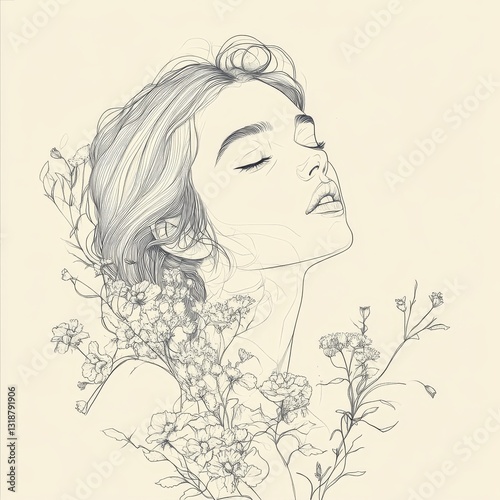Line Art Portrait of a Woman with Floral Elements