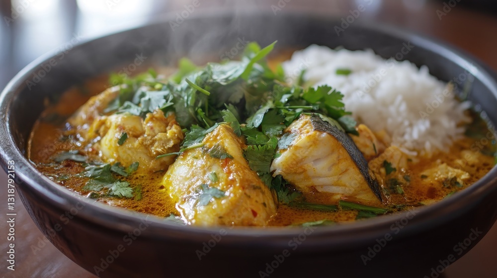 Freshly Cooked Fish Curry with Rice and Fresh Herbs in a Bowl on a Rustic Table Freshly Cooked Fish Curry with Rice and Fresh Herbs in a Bowl on a Rustic Table