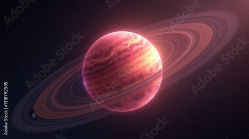 Dreamy pink ringed planet glowing in deep space