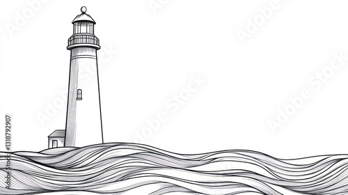 Coastal lighthouse sketch with ocean waves, ideal for nautical themes