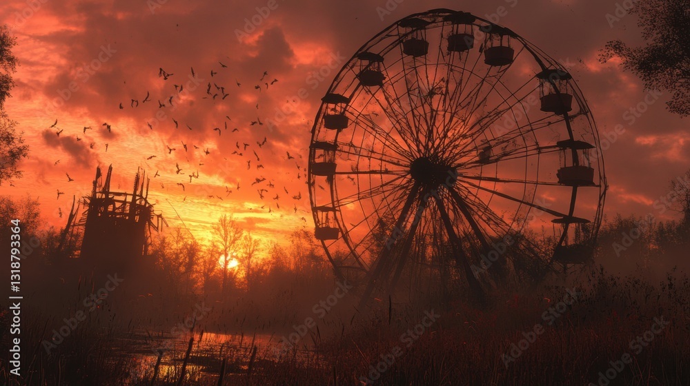 A Ferris wheel in a desolate landscape, with a flock of birds flying overhead. A Ferris wheel in a desolate landscape, with a flock of birds flying overhead.