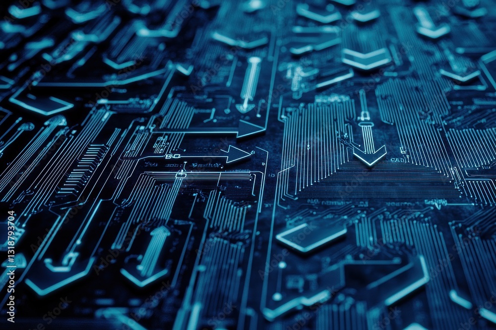 Fototapeta premium Glowing blue network with arrows; digital connection close-up