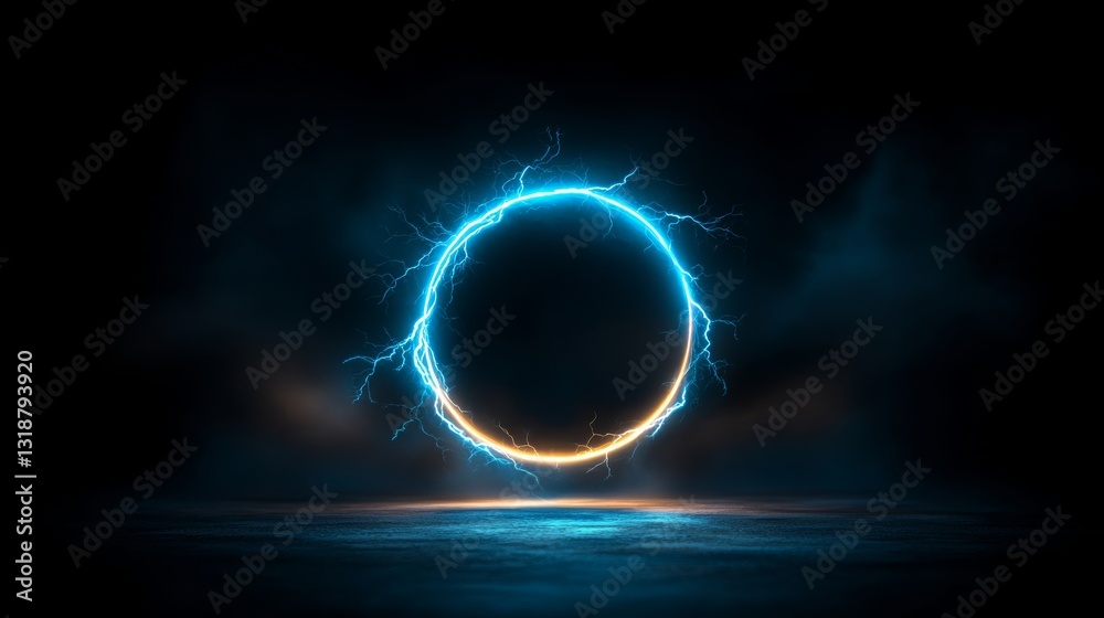 Obraz premium Blue and orange circle with lightning bolts surrounding it. The image has a mood of mystery and intrigue