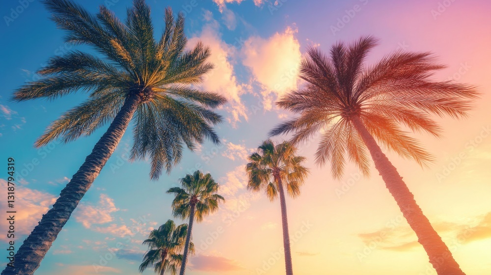 Obraz premium Several tall palm trees and a vibrant sky are visible