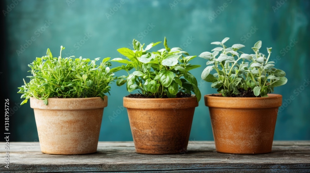 Three potted herbs placed on a wooden table with teal backdrop Three potted herbs placed on a wooden table with teal backdrop
