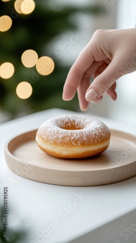 Delicious powdered donut on a wooden tray, perfect for holiday cravings. Indulge in sweet treats during festive celebrations.