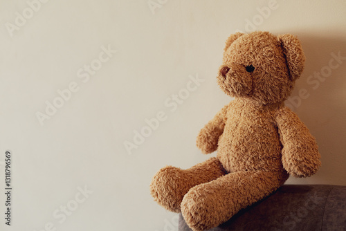Brown teddy bear on the edge of the sofa with copy space