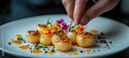 Crafting culinary art gourmet dish with edible flowers and precision