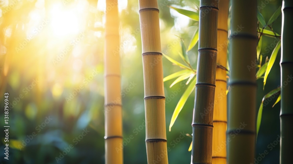 Obraz premium Golden sunlight illuminates several bamboo stalks within a green forest