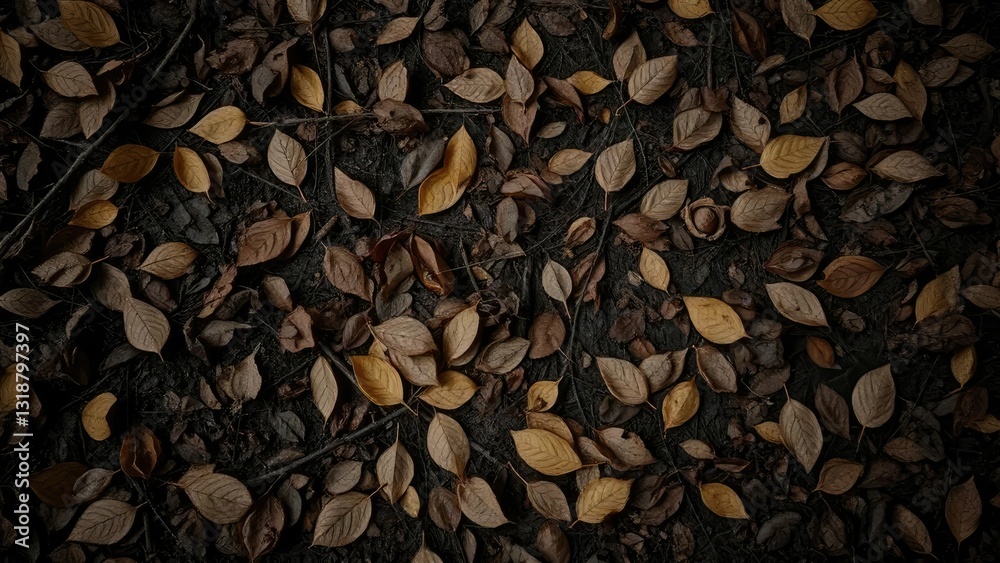 Dark forest floor texture with fallen leaves and twigs, dark brown, dark wood, earthy tones Dark forest floor texture with fallen leaves and twigs, dark brown, dark wood, earthy tones