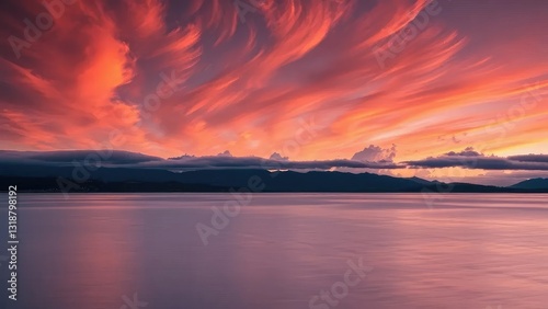 Clouds swirl above Mono Lake's calm surface at dusk, serene scene, twilight