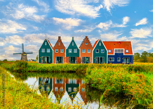 Volendam is a town in North Holland in the Netherlands. Colored houses of marine park in Volendam. North Holland, Netherlands. photo