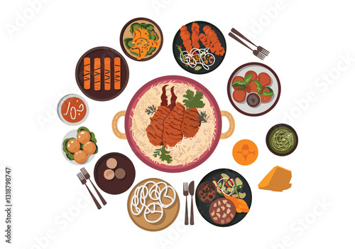 Detailed Food Platter Vector Set: Diverse Dishes Ingredients High-Quality Graphics  Explore a comprehensive vector set showcasing detailed food platter illustrations with diverse dishes and ingredient