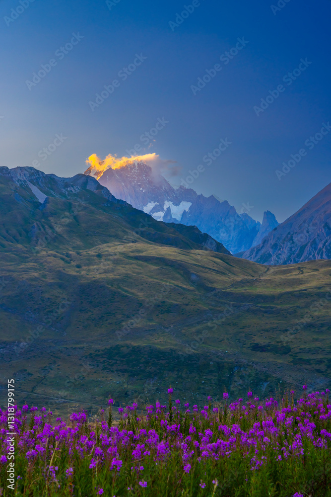 Landscape near Col du Petit-Saint-Bernard with Mont Blanc, on border France and Italy