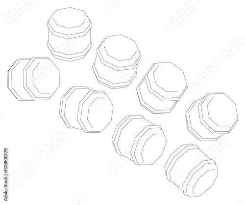 A close up of a row of eight contour of Barrels. The Barrels are all the same size and shape