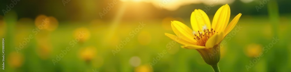 Fototapeta premium A delicate snowflake lands on a bright yellow flower in a lush green field at sunset, natural, flower