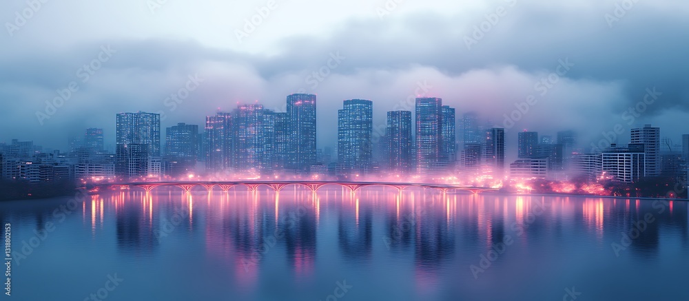Fototapeta premium City Skyline Reflection Over Water with Foggy Atmospheric Scenery