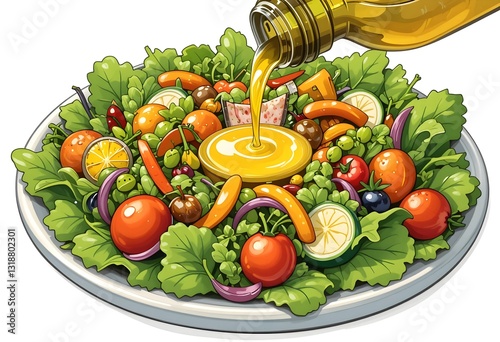 Olive oil drizzle over a vibrant fresh salad with mixed vegetables, illustrated in a simple and playful children's book style, isolated on a white background.