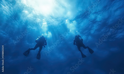 Wallpaper Mural Scuba Divers Ascending in Deep Blue Ocean Sunlight Torontodigital.ca