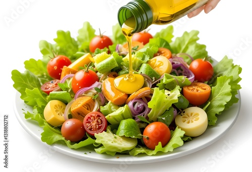 Olive oil drizzle over a vibrant fresh salad with mixed vegetables, illustrated in a simple and playful children's book style, isolated on a white background.