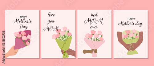 Mothers day greeting cards with carnation flowers and inspirational messages.